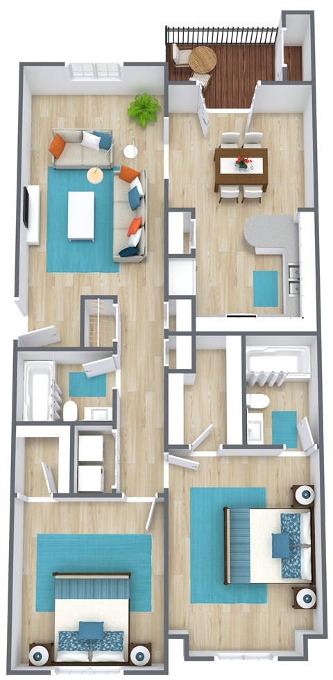 A floor plan of a house with a living room, kitchen, and two bedrooms.